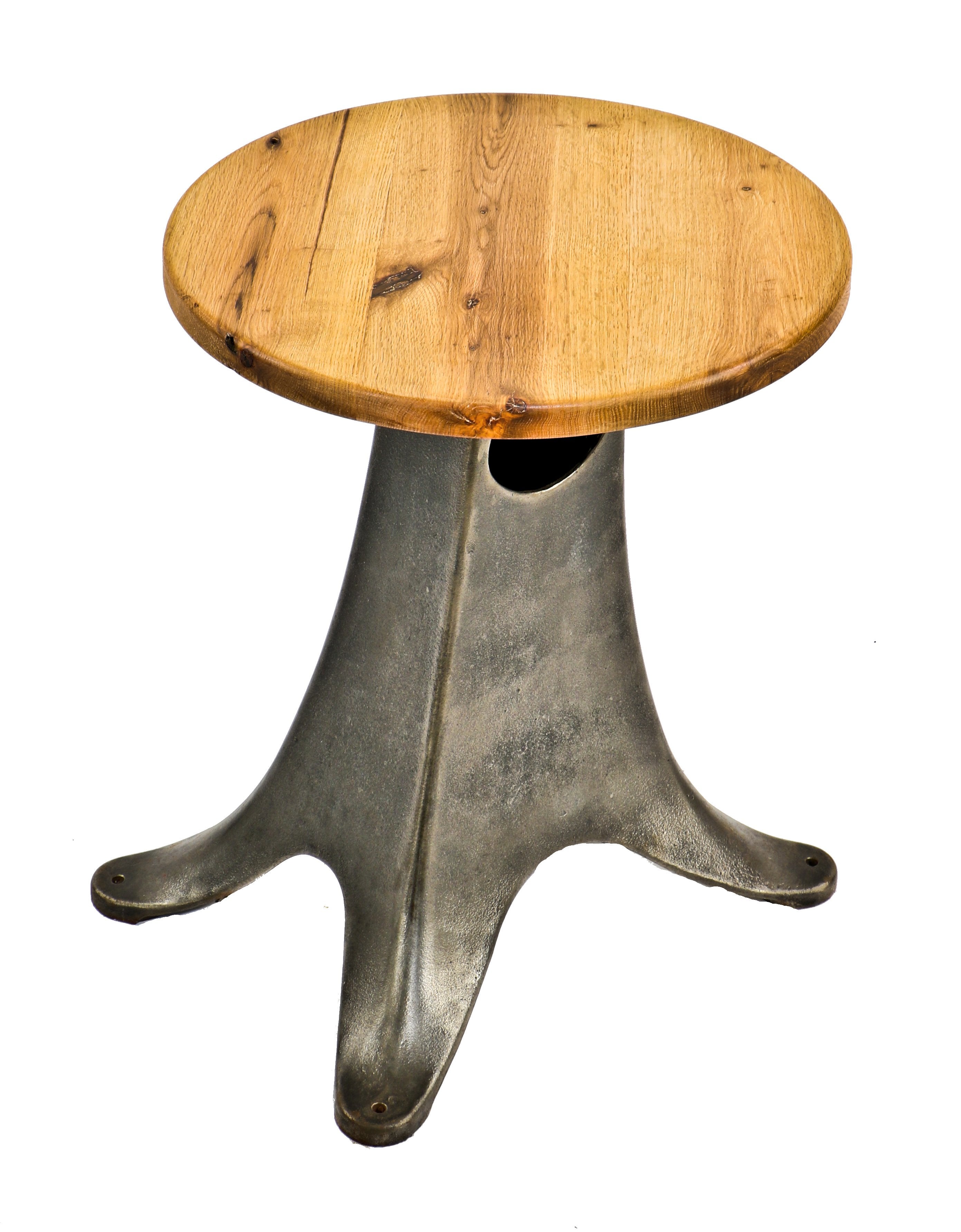 single early 20th century american antique industrial repurposed low-lying stationary cast iron side table or nightstand with newly added circular-shaped solid oak wood top