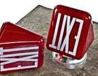 one of two matching c. 1930's american art deco style depression era ruby red glass double-sided ceiling-mount illuminated exit light fixtures with chrome shade fitter