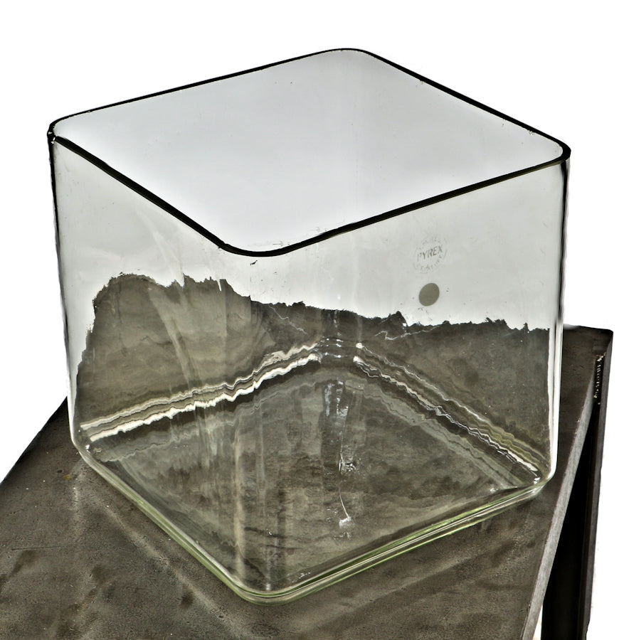 unusually large antique american depression era  "wavy" glass square pyrex container formerly used in an old postal center testing laboratory