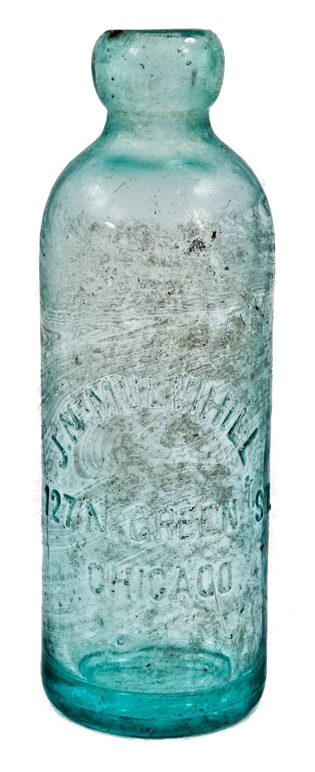 single original chicago-area privy dug antique c.1880's-early 1890's intact medium blue aqua glass hutchinson style soda or mineral water bottle fabricated for chicago bottler j.n. mulvihill