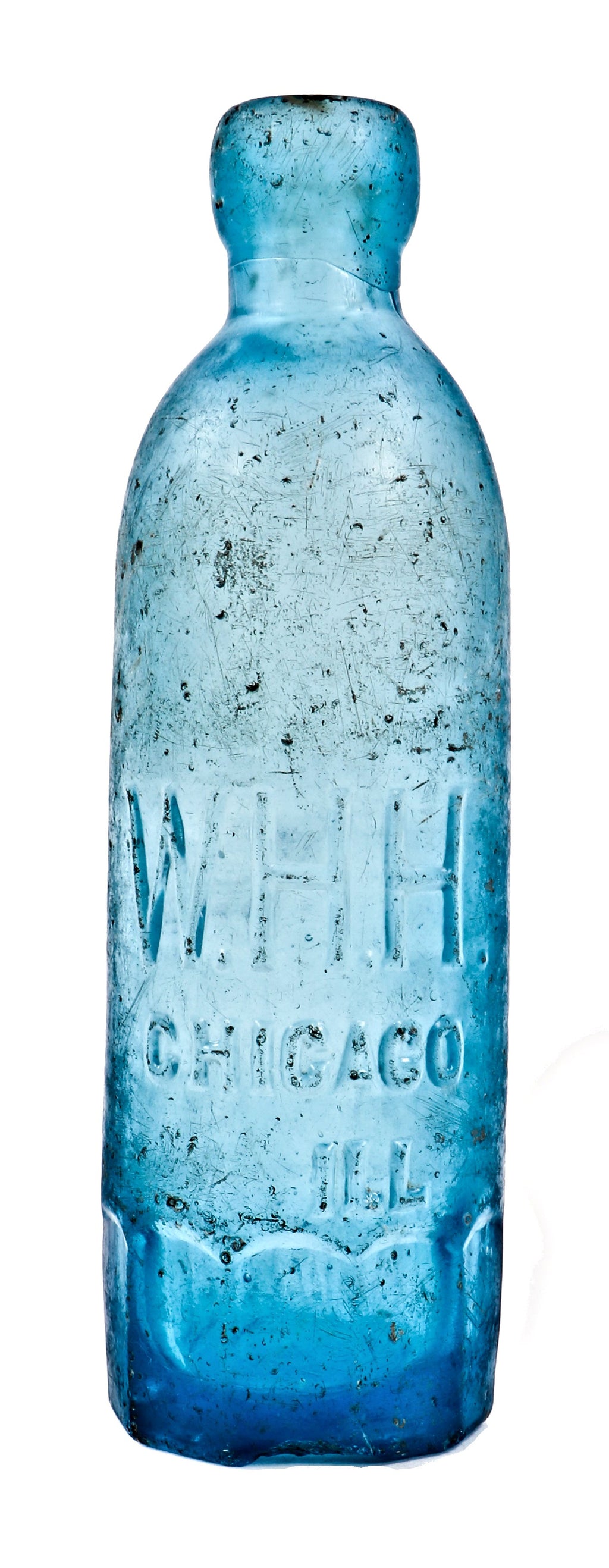 unique and all original intact c.1870's medium cobalt blue glass gravitating blobtop "w.h.h." soda bottle with mug base and appealing crudity dug from a chicago area landfill.