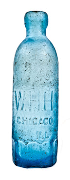 unique and all original intact c.1870's medium cobalt blue glass gravitating blobtop "w.h.h." soda bottle with mug base and appealing crudity dug from a chicago area landfill.