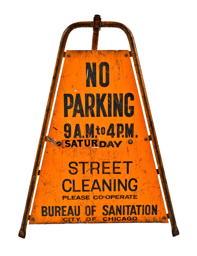 vintage c. 1940's original and intact american industrial hand painted heavy gauge steel city street "no parking" freestanding street cleaning signicade