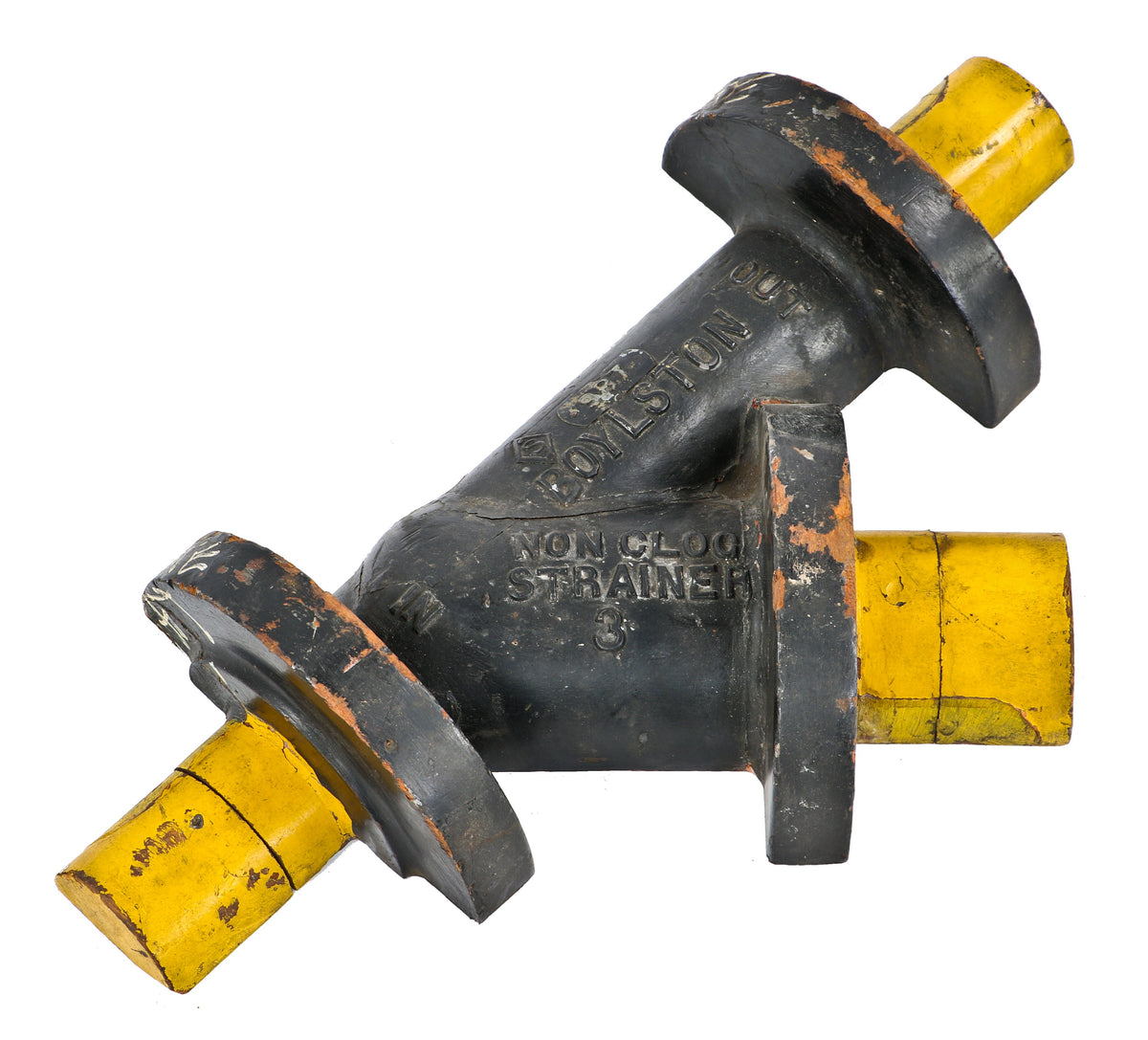 one of two original early 20th century single-sided or half-section painted mahogany wood "non-clog strainer" boylston steam valve component foundry pattern