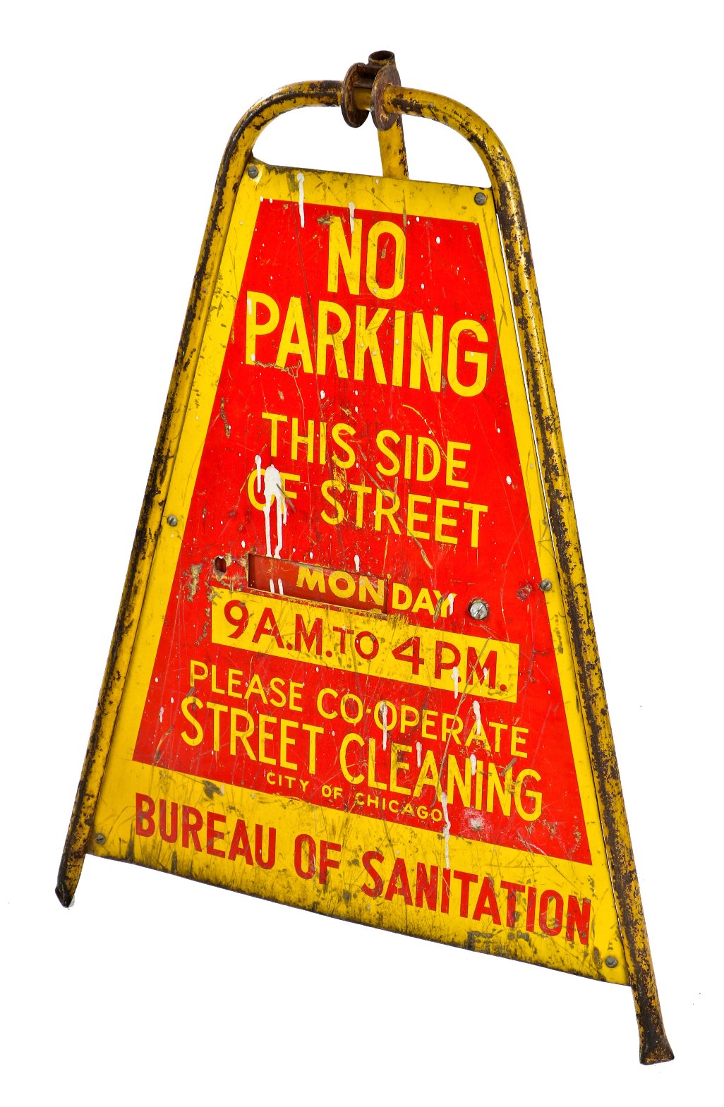 unique c. 1940's american industrial brightly colored painted steel portable city of chicago "street cleaning" freestanding signicade with adjustable "days of the week" wheel