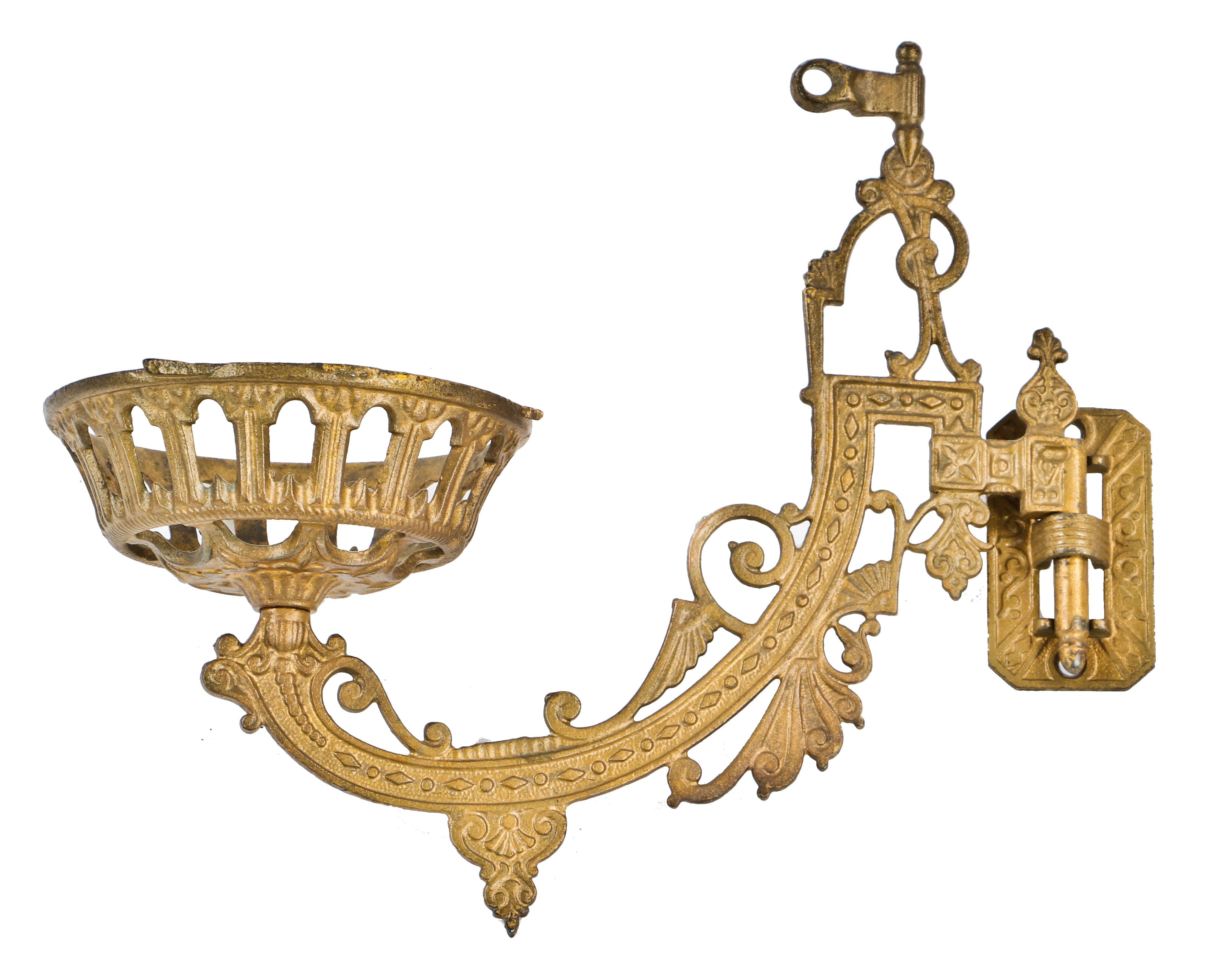 all original 19th century high victorian era old gold enameled ornamental cast iron wall-mount kerosene light or lamp bracket with fanciful arm and dish