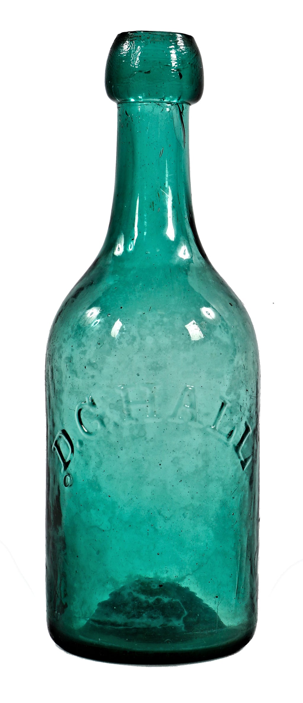rare and all original intact american industrial mid-nineteenth century antique iron pontiled emerald green soda bottle fabricated for rhode island bottler david hall