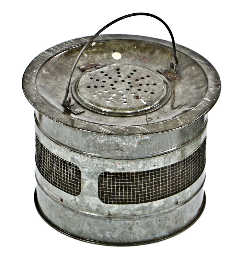 original and intact c. 1930's american industrial frabill portable galvanized steel circular-shaped minnow bucket with intact drop handle and detectable lid