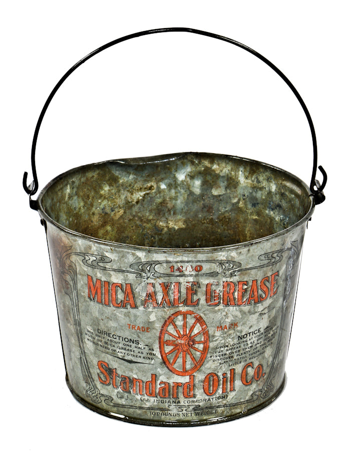 unique early 20th century lithogrpahed diminutive galvanized steel "mica axle grease" pail or bucket with fully functional drop handle
