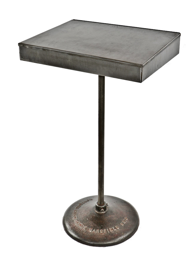 one of two nearly identical completely refinished cast iron and steel american industrial depression era "porta-desk" stand with spacious interior compartment