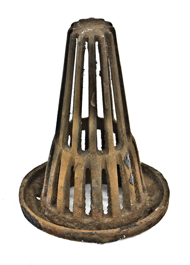 unusually shaped oversized early 20th century bunte candy factory conical-shaped cast iron exterior rooftop drain with nicely weathered surface patina