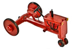 original c. 1940's american depression era wpa hand-crafted four-wheel folk art painted wood farm tractor with an allover bright red crazed finish
