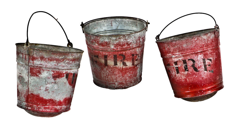 one of three original early 20th century interior residential new york city rowhouse hanging "fire" sand buckets comprised of galvanized steel with stenciled lettering