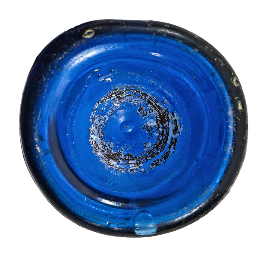 highly collectible antique american mid-nineteenth century deep cobalt blue glass iron pontiled soda bottle with appealing crudity fabricated for chicago bottling giant william h. hutchinson & company.