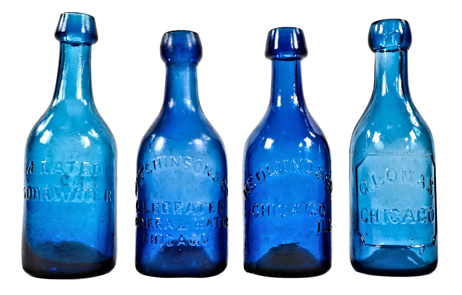 highly collectible antique american mid-nineteenth century deep cobalt blue glass iron pontiled soda bottle with appealing crudity fabricated for chicago bottling giant william h. hutchinson & company.