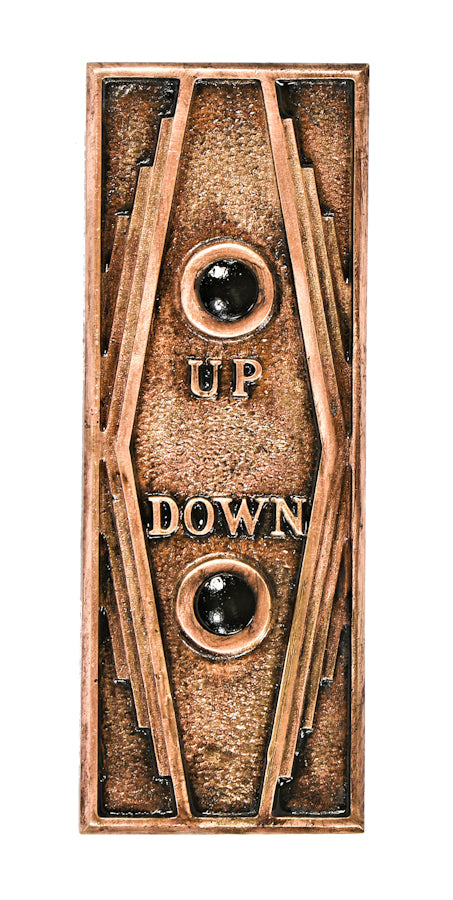 original "roaring twenties" art deco machine age ornamental cast bronze interior commercial building elevator lobby push button cab or car signal plaque