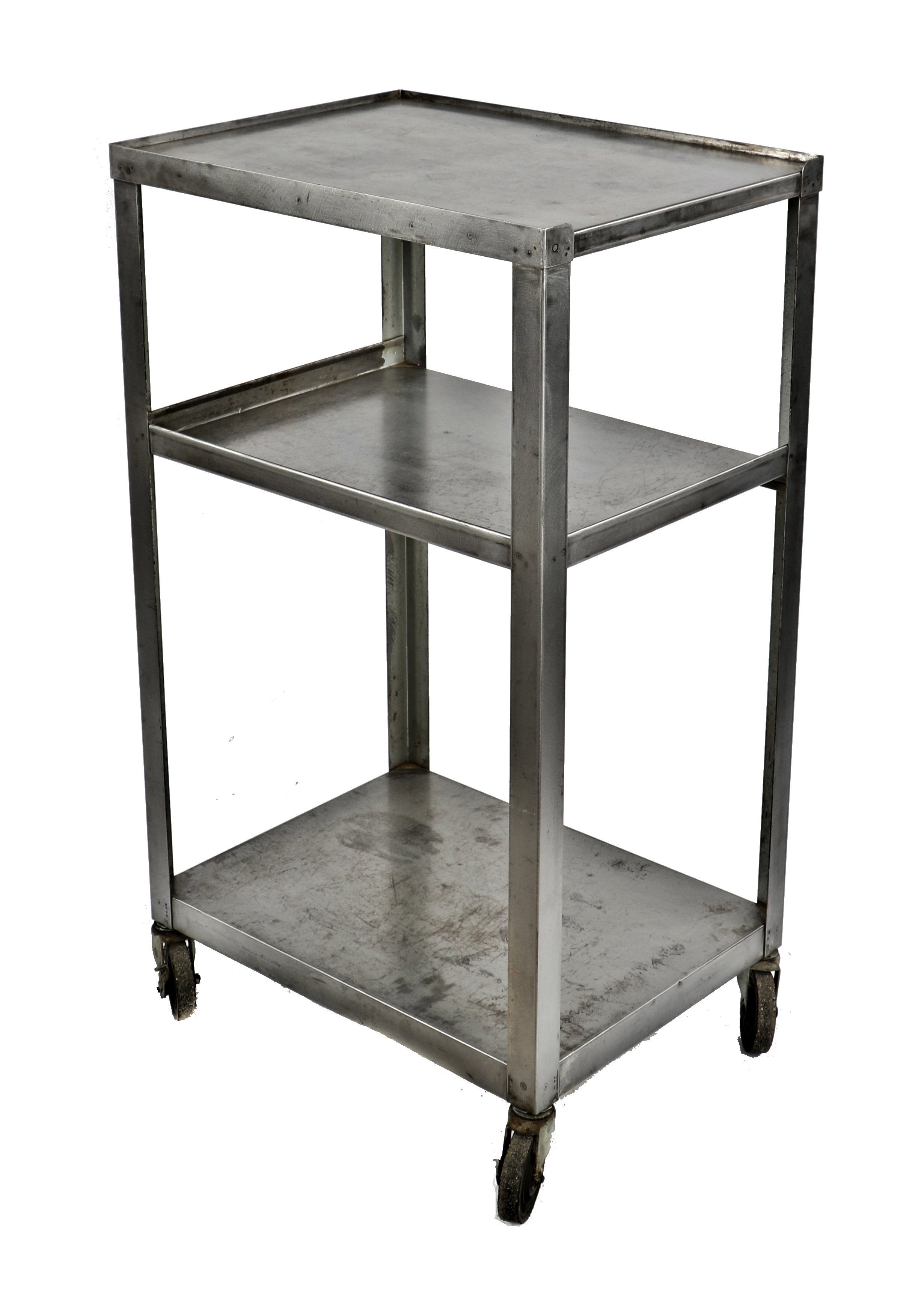 late 1940's refinished three-tier chicago public library all-welded joint rolling steel cart with rail guards and bassick hardened black rubber swivel casters