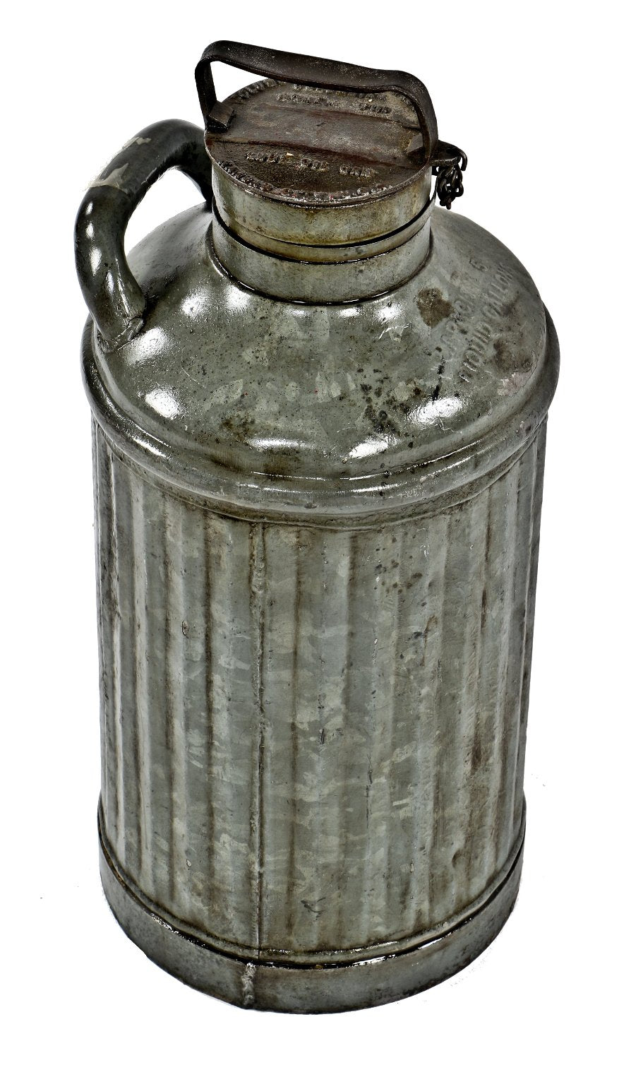 robust early 20th century antique american industrial fluted galvanized steel five gallon chicago service station oil can with intact threaded screw cap