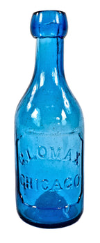single all original and intact american antique mid-nineteenth century vibrant cornflower blue iron pontiled soda bottle fabricated for chicago bottler george lomax