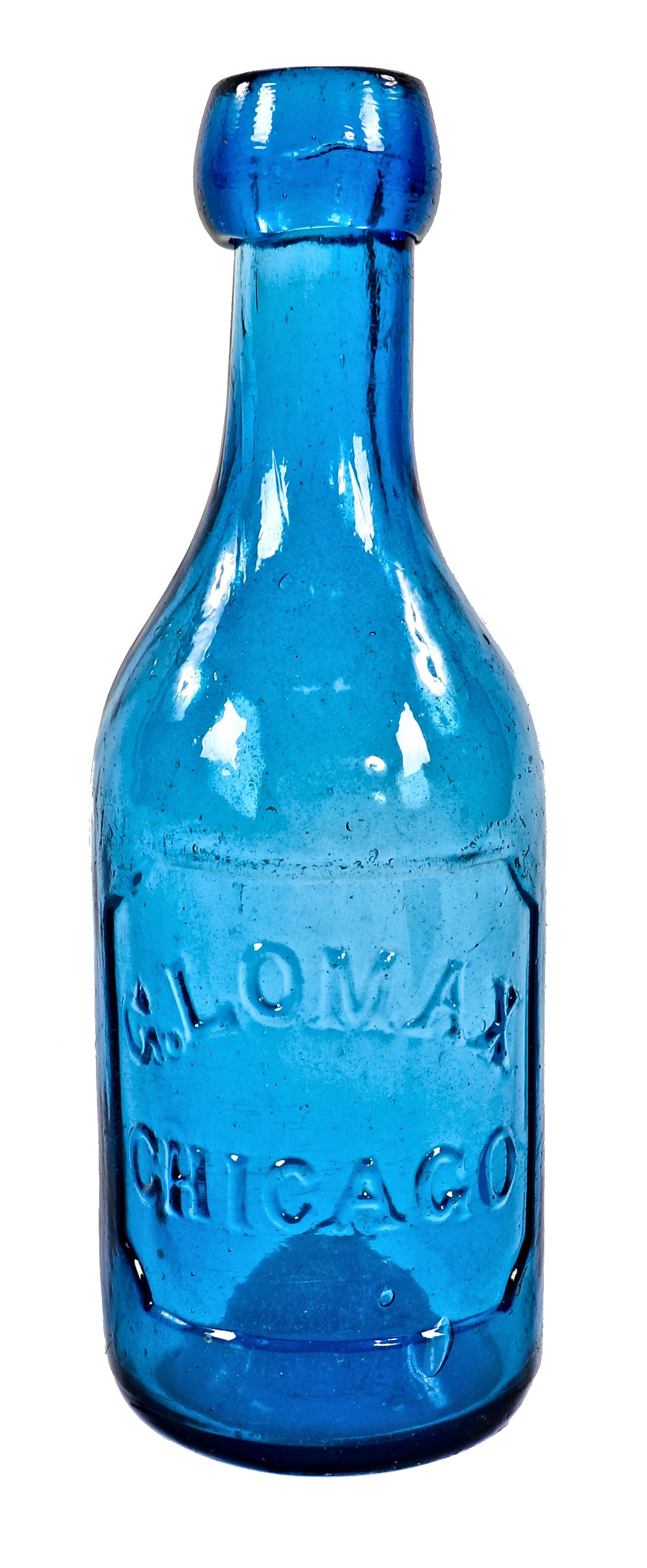 single all original and intact american antique mid-nineteenth century vibrant cornflower blue iron pontiled soda bottle fabricated for chicago bottler george lomax