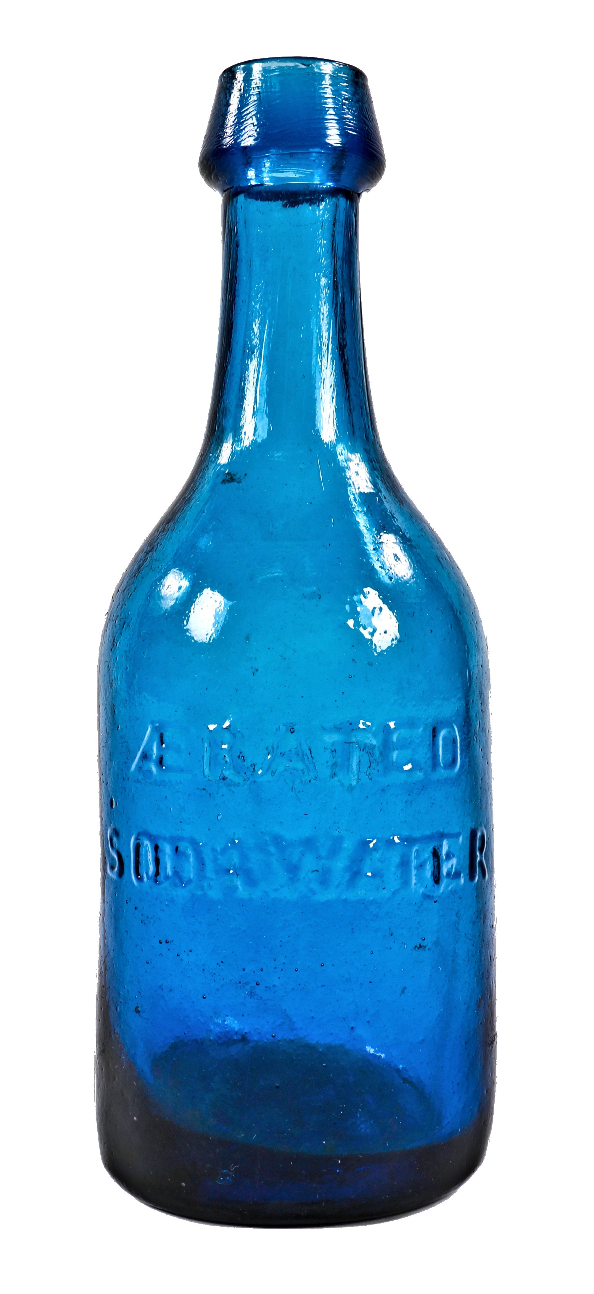 original and completely intact american antique mid-nineteenth century deep cobalt blue iron pontiled soda bottle fabricated for edward k. bebbington in chicago, il.