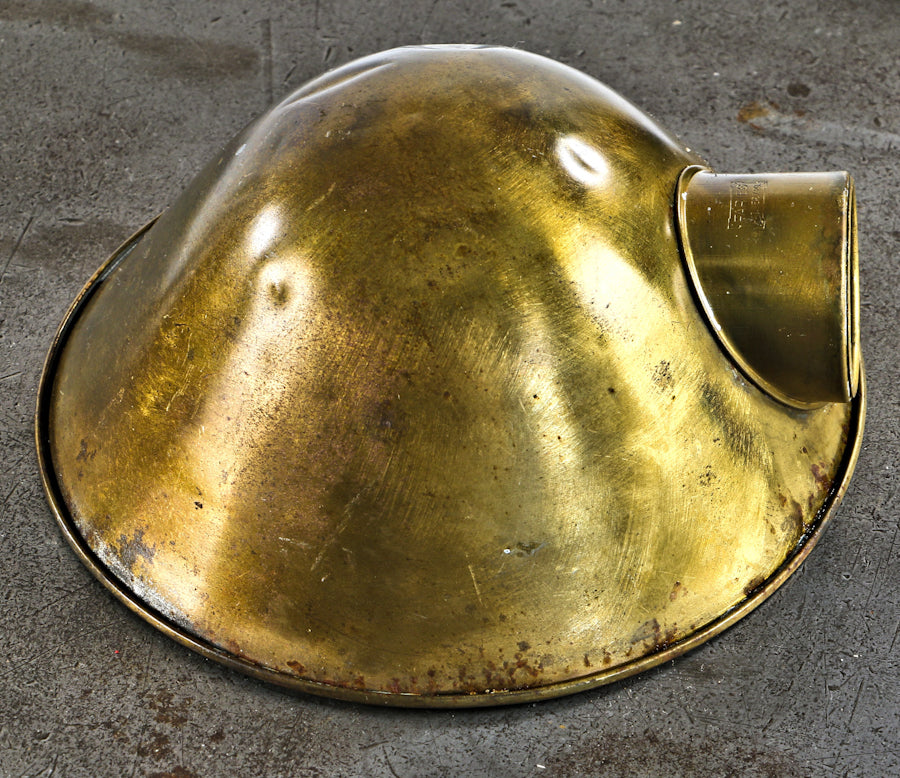 c. 1910-1920 original and hard to find brass-plated rolled rim american industrial steel parabolic-shaped shade with nicely aged surface patina
