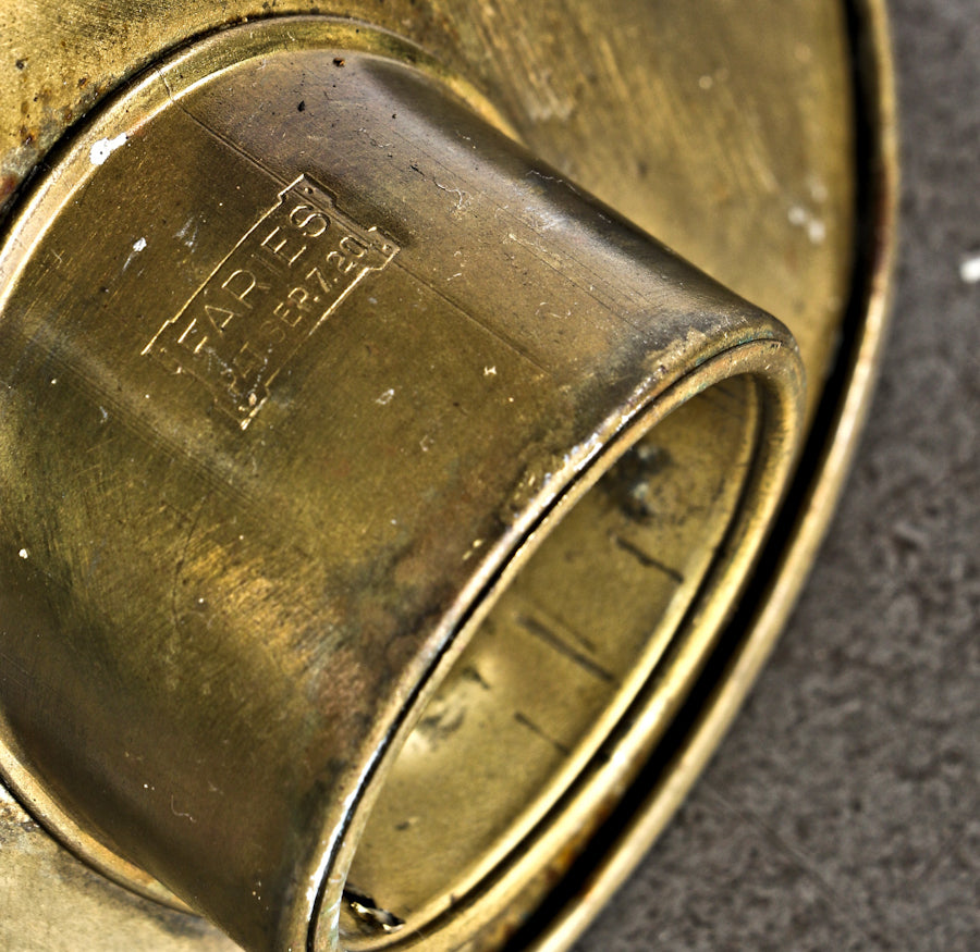 c. 1910-1920 original and hard to find brass-plated rolled rim american industrial steel parabolic-shaped shade with nicely aged surface patina