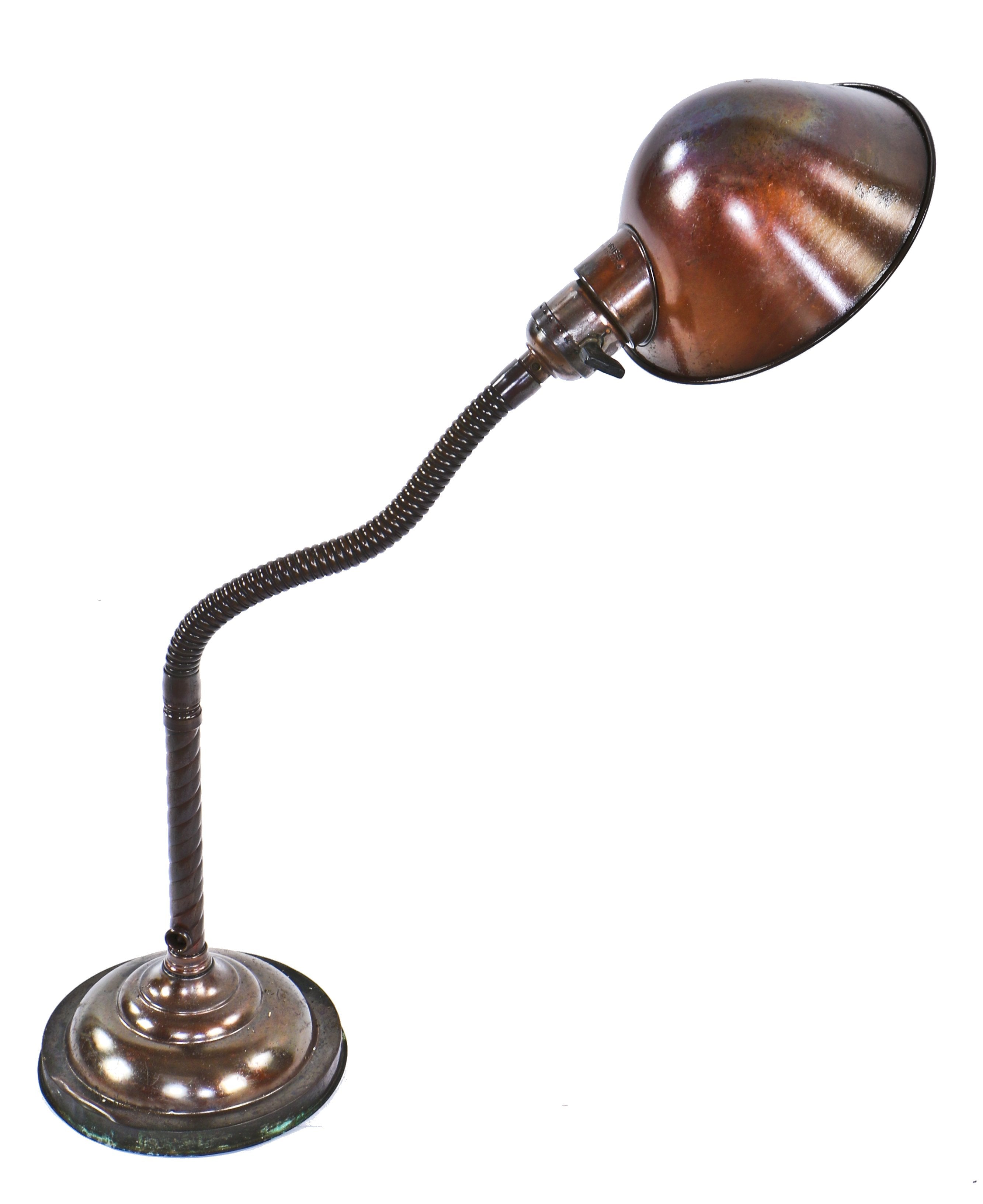 early 20th century antique american industrial factory office desk or table incandescent adjustable gooseneck faries lamp with original "normandy bronze" plated finish