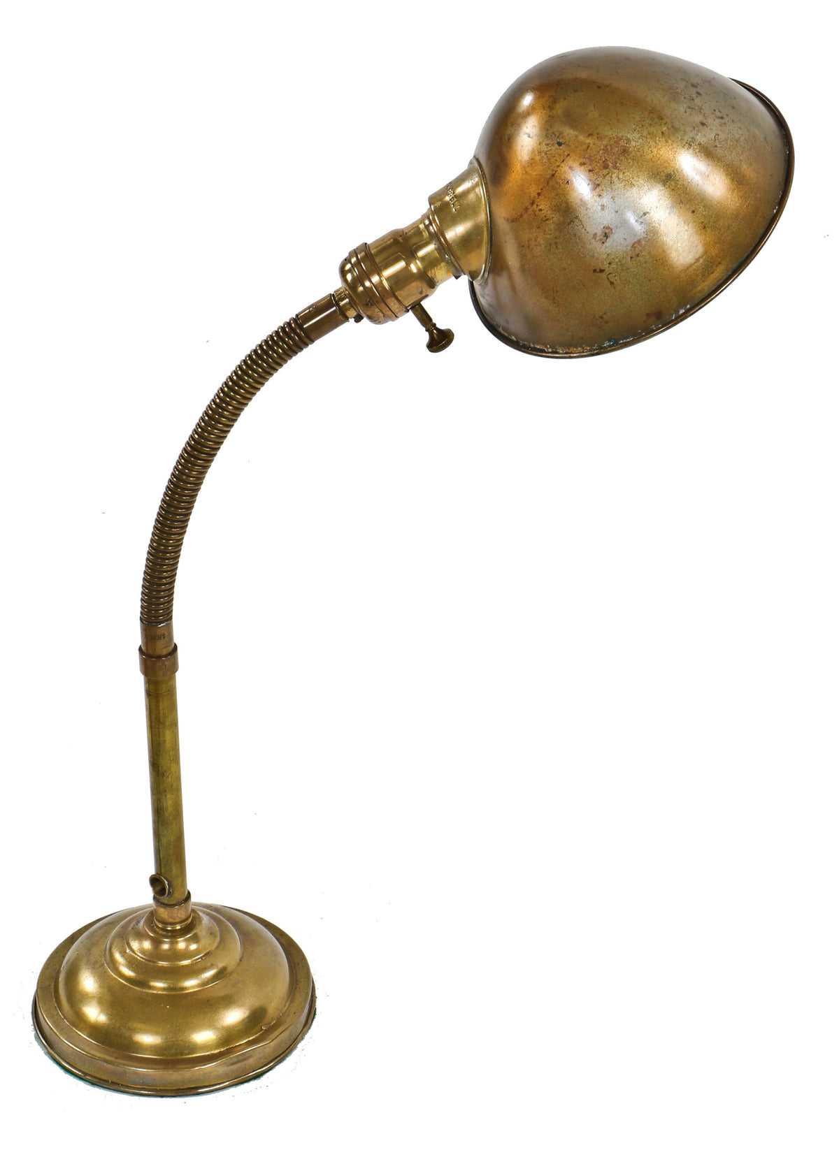original early 20th century antique american industrial factory foreman's adjustable gooseneck brass desk lamp with harvey hubbell parabolic shade