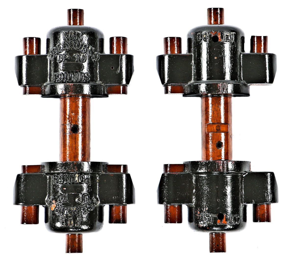 two-part early 20th century american industrial painted hardwood boylston steam specialties pattern form used for casting diminutive "hoods" for steam traps