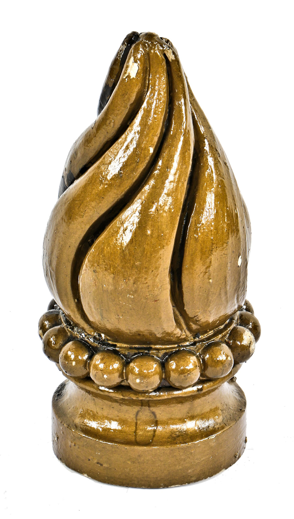 original late 1920's antique american ornamental cast plaster interior lawndale theater auditorium gold enameled flame finial with beaded border above pedestal base