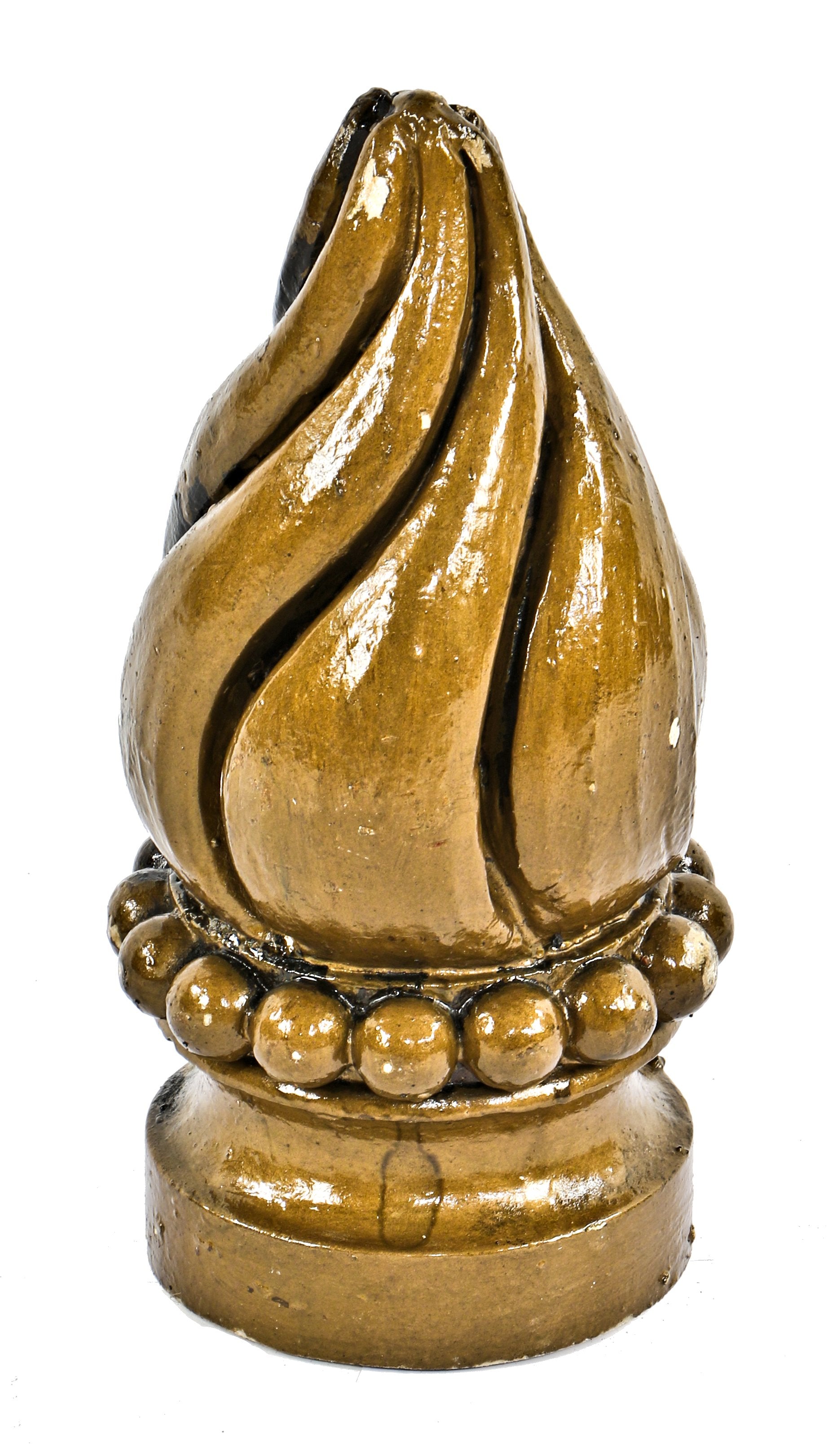 original late 1920's antique american ornamental cast plaster interior lawndale theater auditorium gold enameled flame finial with beaded border above pedestal base