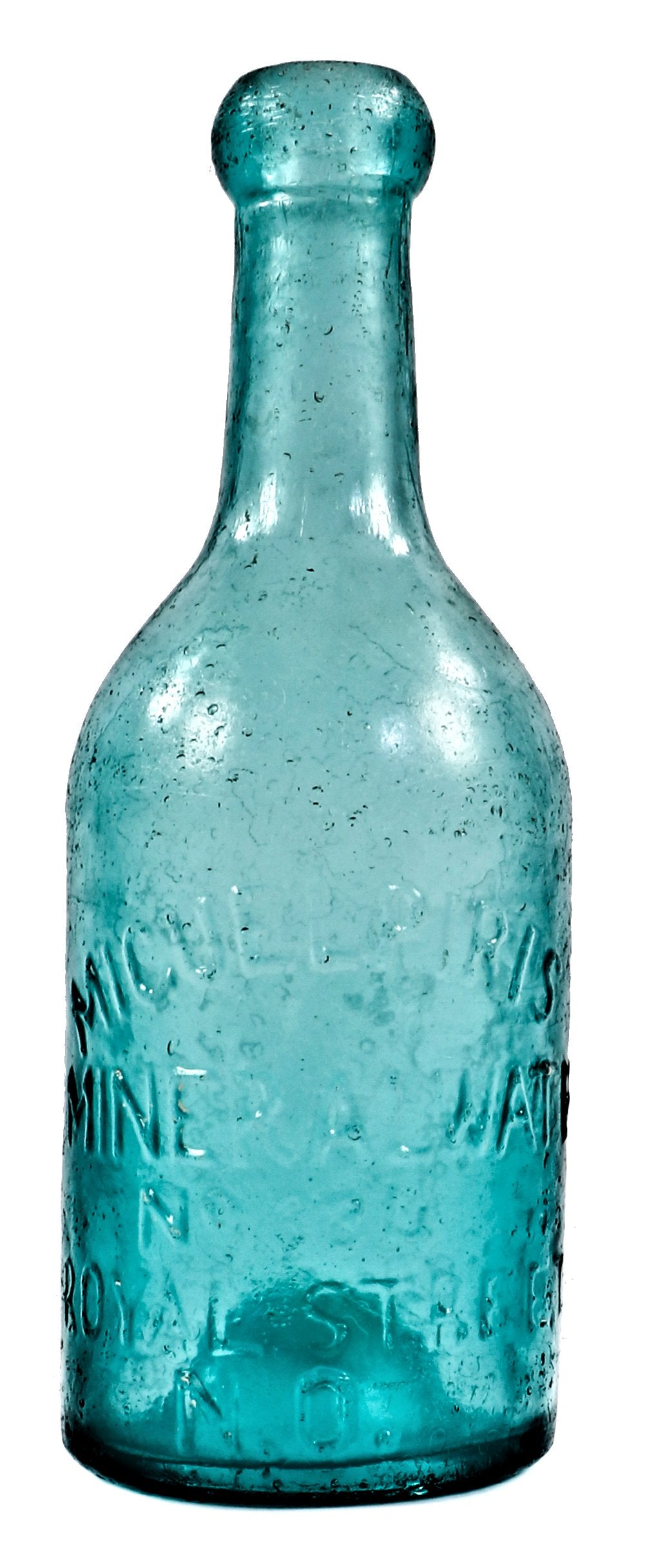 single hard to find and all original crude mid-nineteenth century vibrant greenish aqua pontiled soda bottle manufactured for new orleans bottler miguel piris.