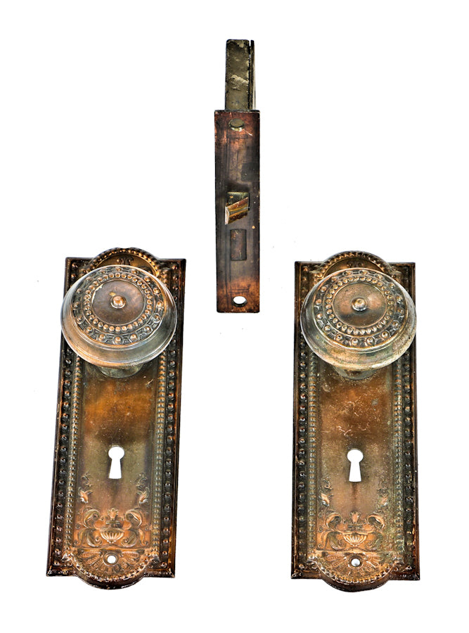 original c. 1910 antique american interior residential "como" pattern passage door lockset with intact highly desirable oxidized copper-plated finish