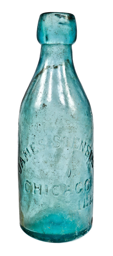 original privy-dug c. 1870's post chicago fire antique american james stenson aqua blue mineral or soda water "blobtop" bottle with smooth and unmarked base