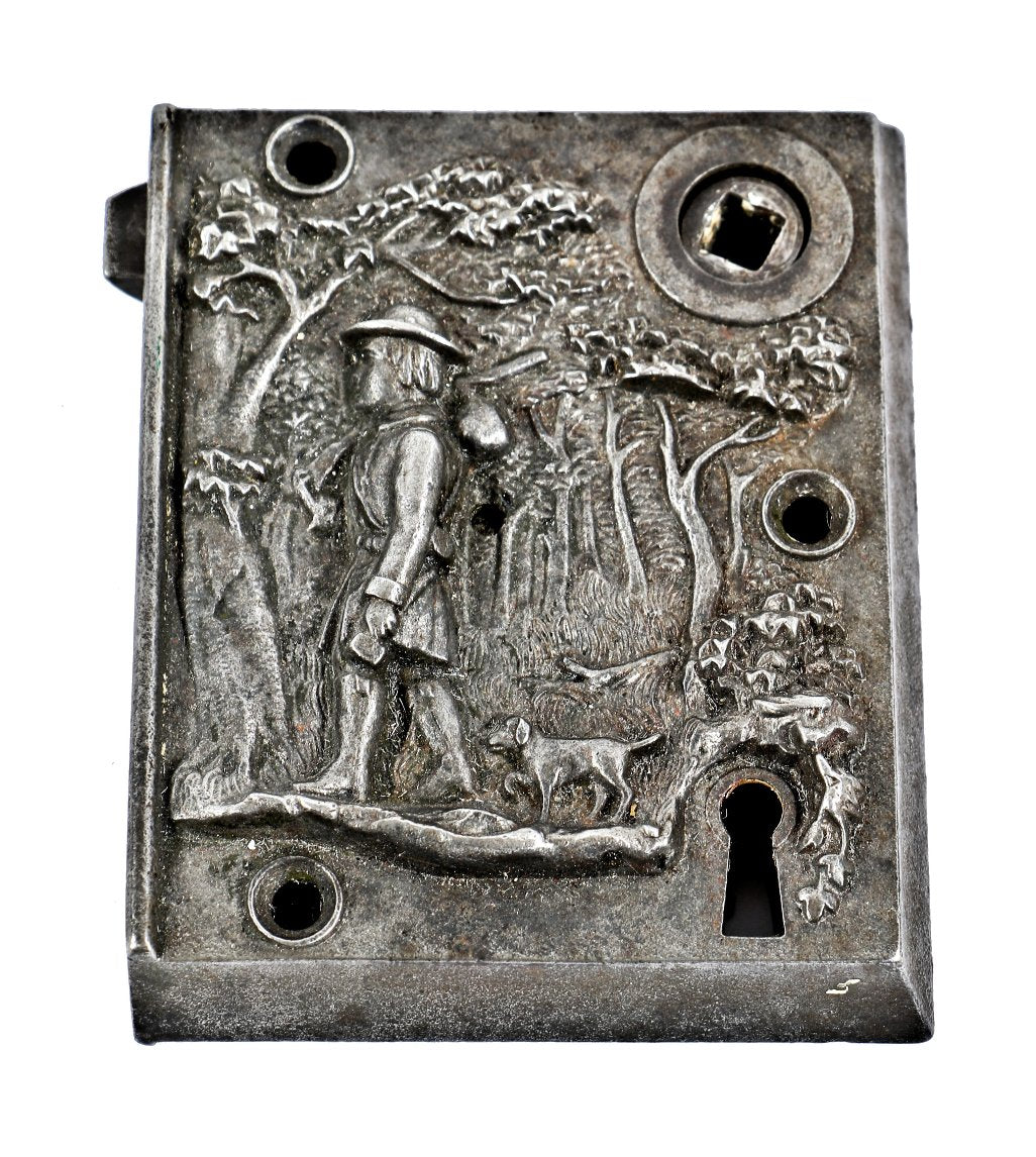 early 1860's highly sought after brushed ornamental cast iron "pioneer" figural or scenic surface residential door locks with deep relief