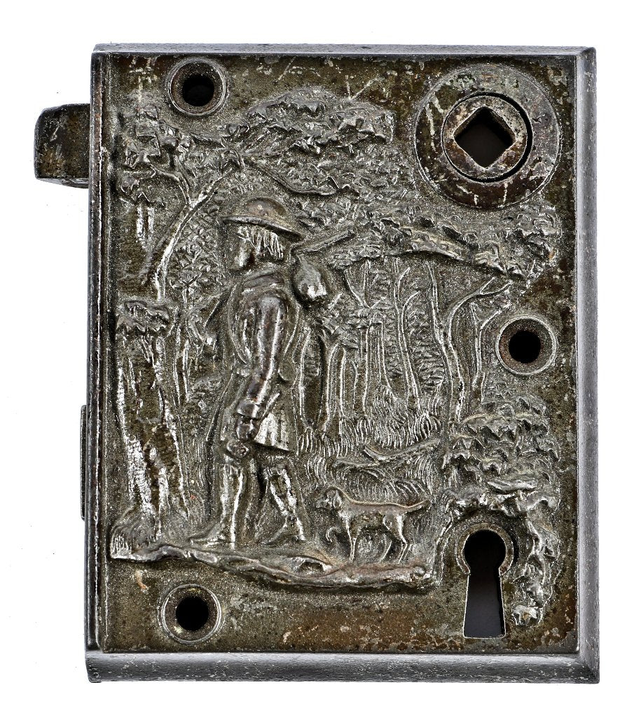 seldom found 19th century antique american ornamental cast iron figural or "scenic" surface mount "pioneer" rimlock with iron latch and hub