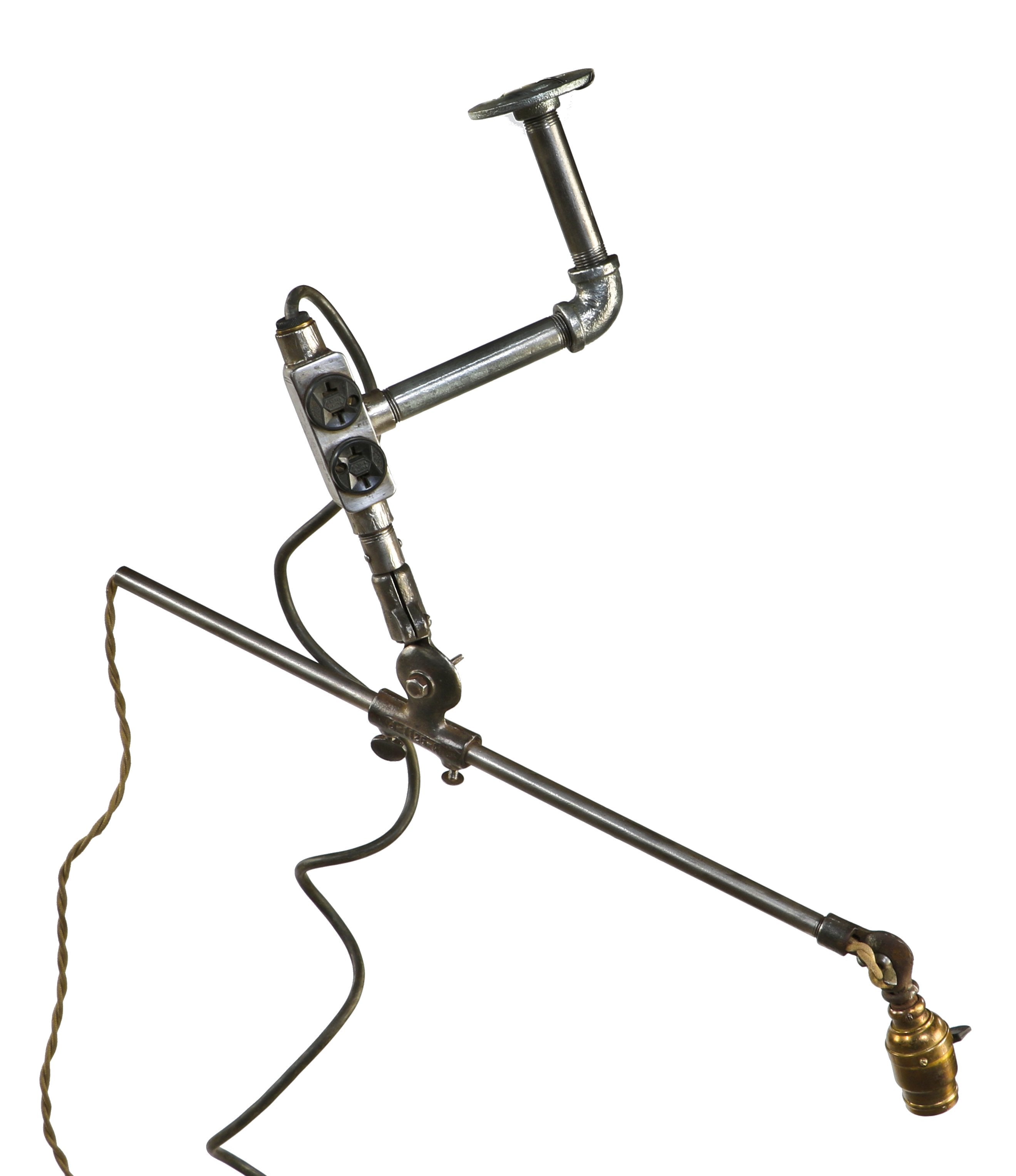 unique c. 1919 refinished antique american industrial rewired early electric articulating arm factory steel and cast iron task lamp with appleton "unilet" outlet
