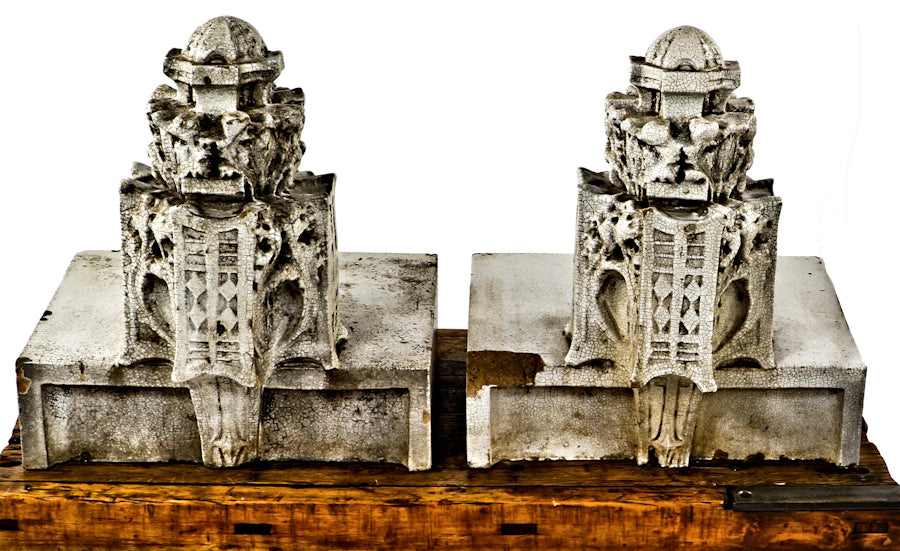 matching set of museum quality early 20th century antique american sullivanesque exterior white glazed terra cotta "finial a510" roofline endcap finials