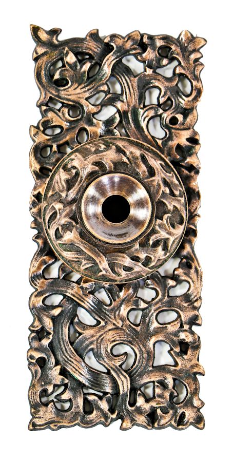 original finely executed 19th century ornamental cast bronze "kelp" pattern antique american salvaged chicago exterior residential push button electric doorbell escutcheon or backplate with uniform patina