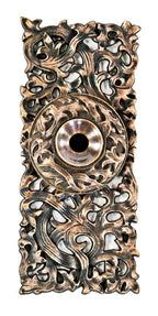 original finely executed 19th century ornamental cast bronze "kelp" pattern antique american salvaged chicago exterior residential push button electric doorbell escutcheon or backplate with uniform patina