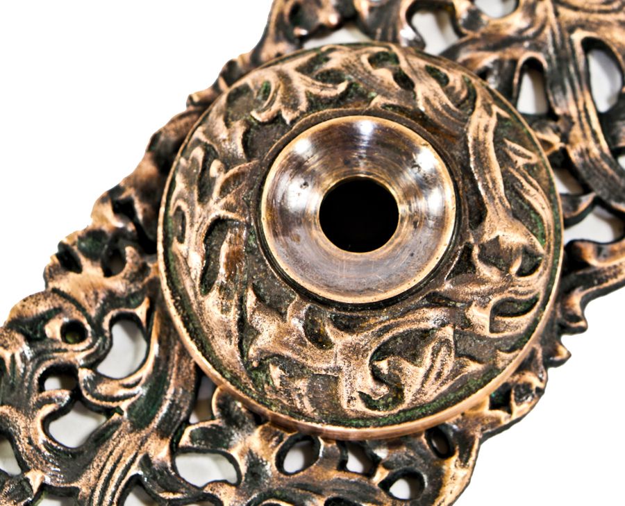 original finely executed 19th century ornamental cast bronze "kelp" pattern antique american salvaged chicago exterior residential push button electric doorbell escutcheon or backplate with uniform patina