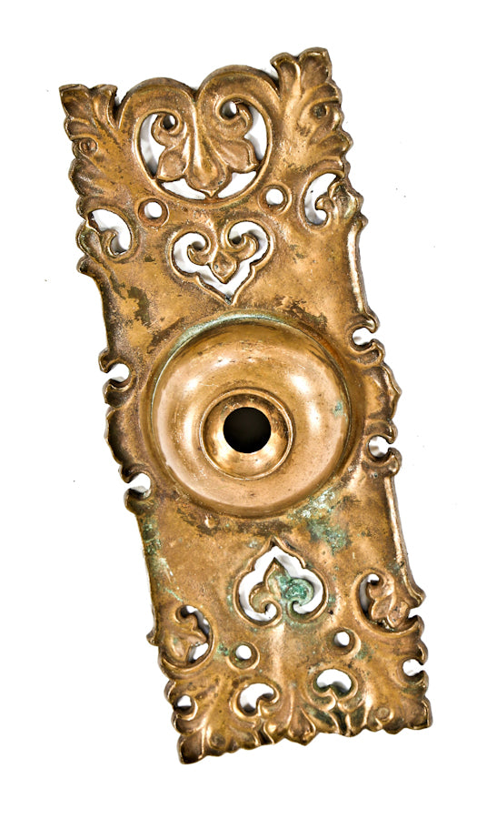 all original late 19th or early 20th century ornamental cast bronze antique american flush mount exterior residential push button doorbell backplate or escutcheon