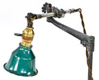completely intact antique american depression era fully adjustable swivel arm o.c. white factory machinist task table or workbench lamp with harvey hubbell shade