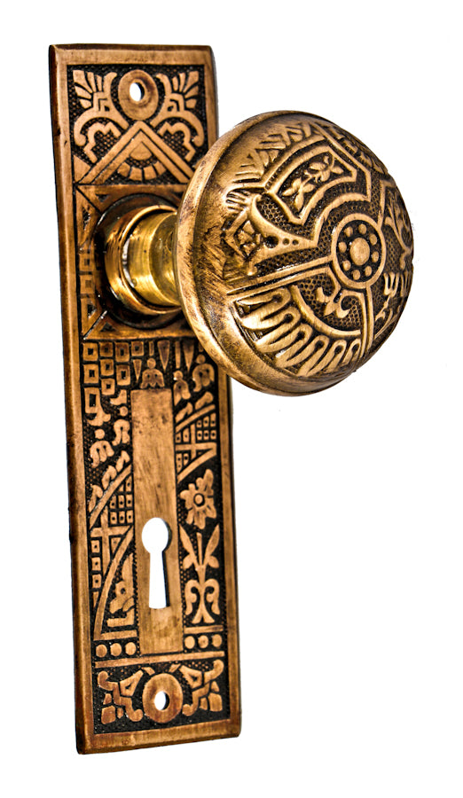 single matching original 19th century antique american "ceylon" pattern interior residential wrought brass eastlake style passage door hardware