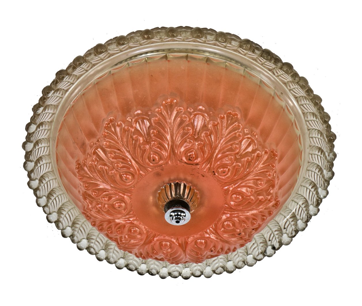 original c. 1940's elaborately designed pressed ornamental glass interior residential ceiling mount double-socket light fixture with salmon colored baked enameled finish