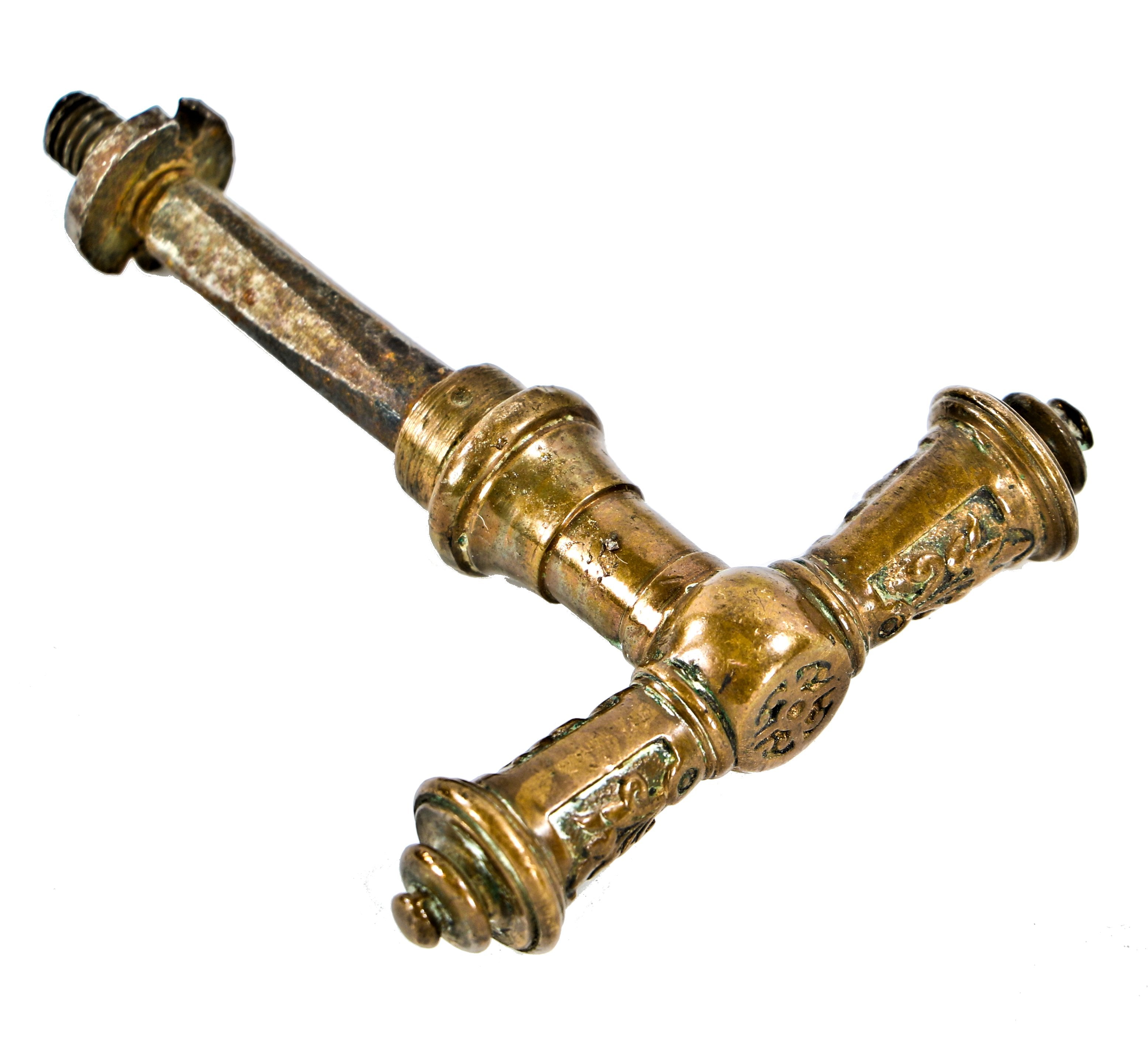 single c. 1870's antique american ornamental cast bronze exterior entrance door doorbell t-handle with original faceted steel spindle