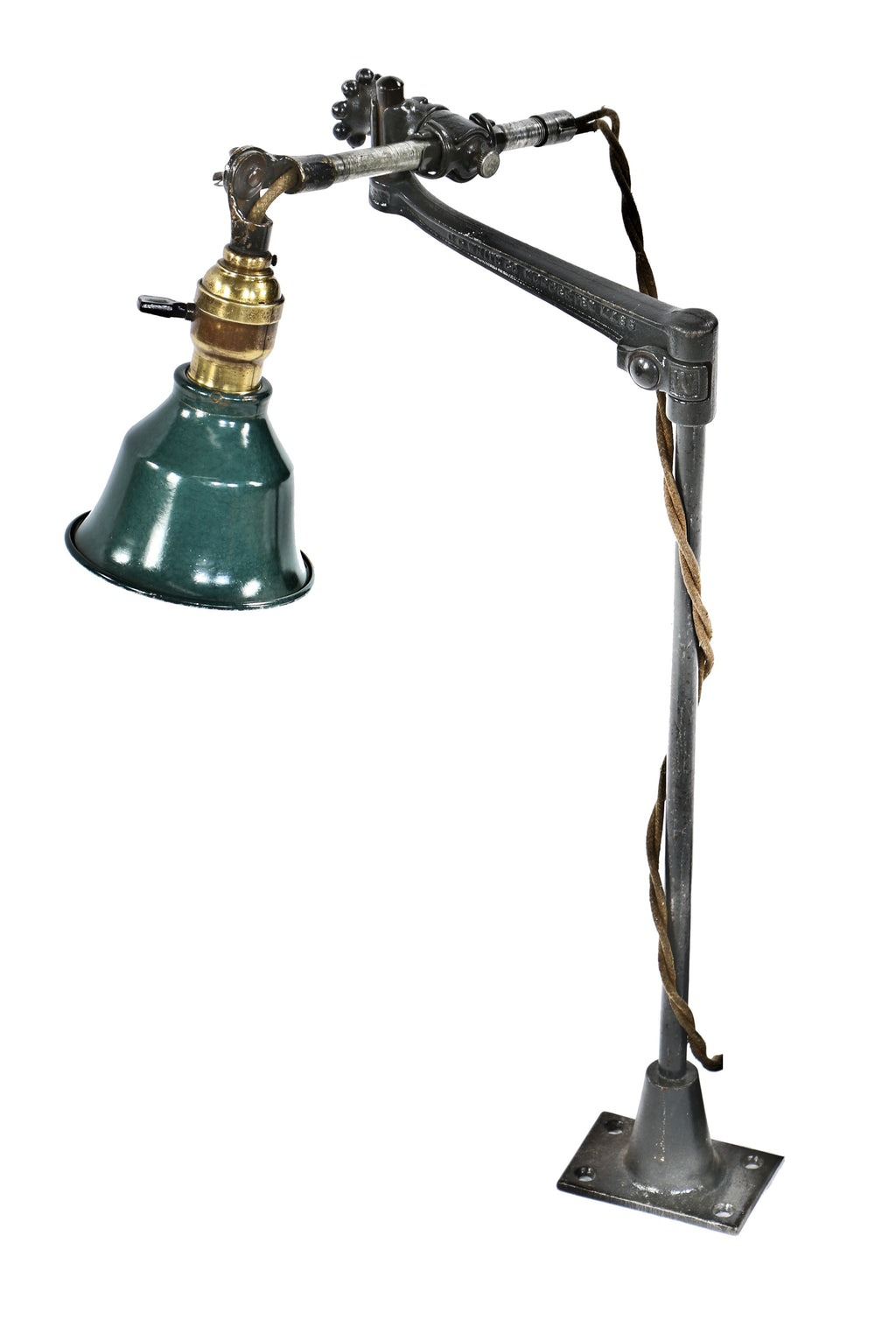 completely intact antique american depression era fully adjustable swivel arm o.c. white factory machinist task table or workbench lamp with harvey hubbell shade