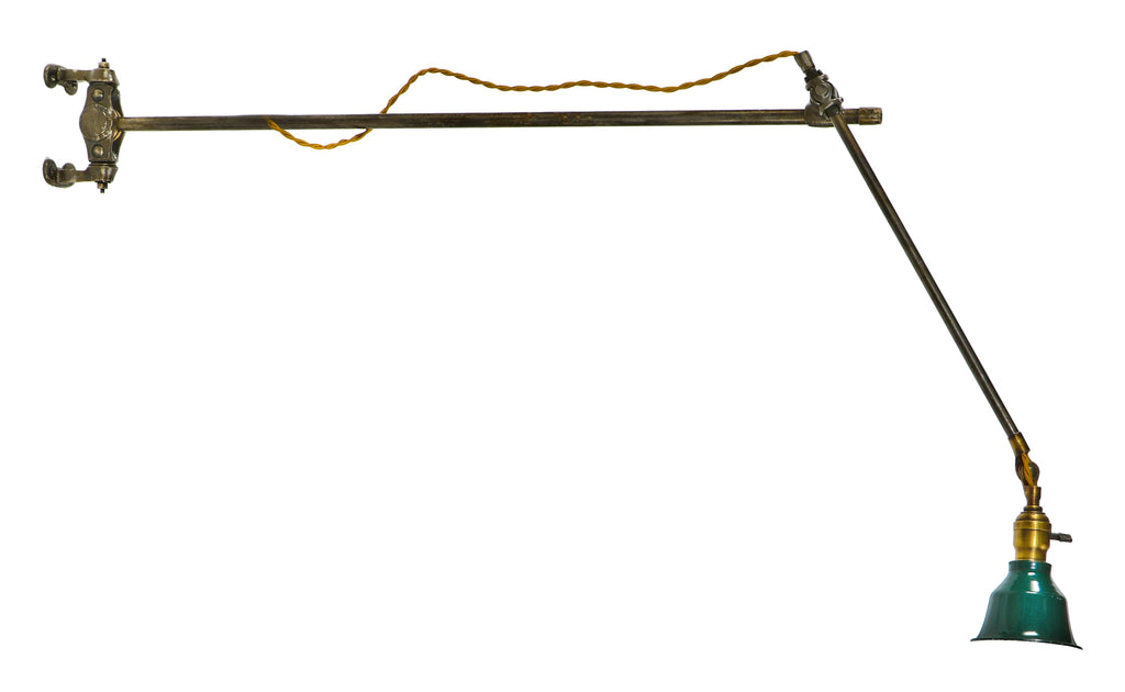 highly sought after early 20th century fully adjustable wall-mount "o.c.white" factory machine shop task lamp with knuckle and wrist joints