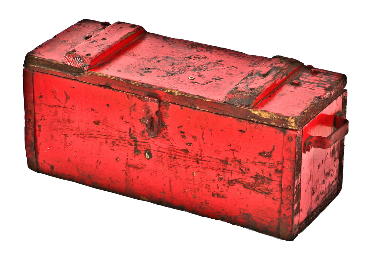 heavy duty american antique industrial depression era original red painted finish pine wood tool chest with lockable hasp and opposed handles